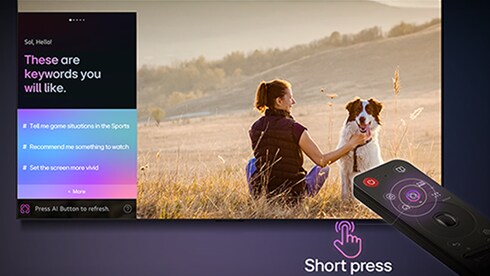 De LG AI Magic-afstandsbediening in gebruik. Door kort op de AI-knop te drukken activeer je de AI Assistant op het OLED TV-scherm, die vervolgens trefwoorden suggereert.