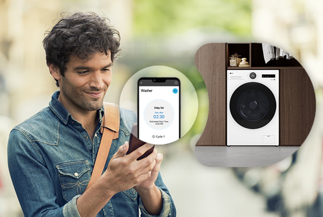 Een man bedient een Lave-linge op afstand via zijn smartphone. Op het scherm is de LG ThinQ™-app te zien met een ingebouwde Lave-linge aan de rechterkant.