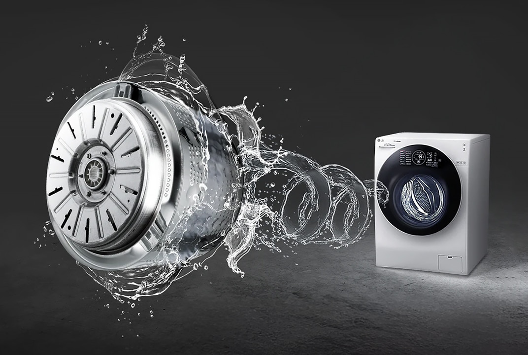 Een geëxplodeerd beeld van een LG-wastrommel met watereffecten, dat visueel de interne mechanismen en krachtige wasprestaties benadrukt.