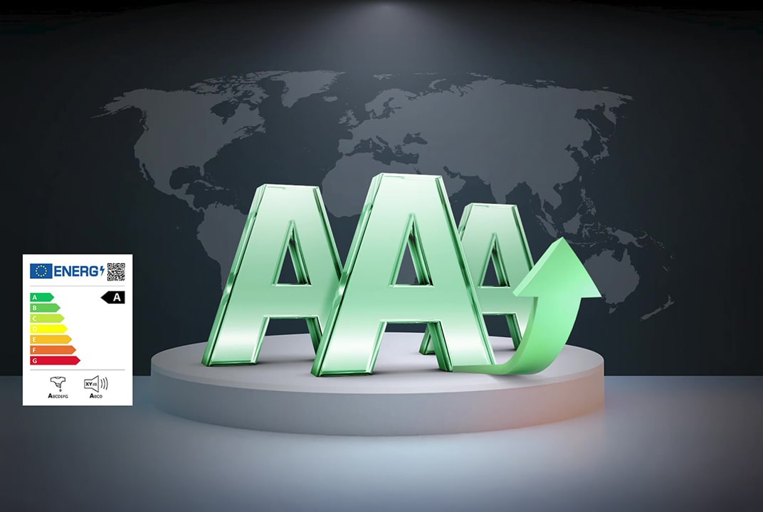 Groene 3D-tekst met “AAA” wordt benadrukt tegen een wereldkaart-achtergrond, met een EU-energielabel aan de linkerkant.