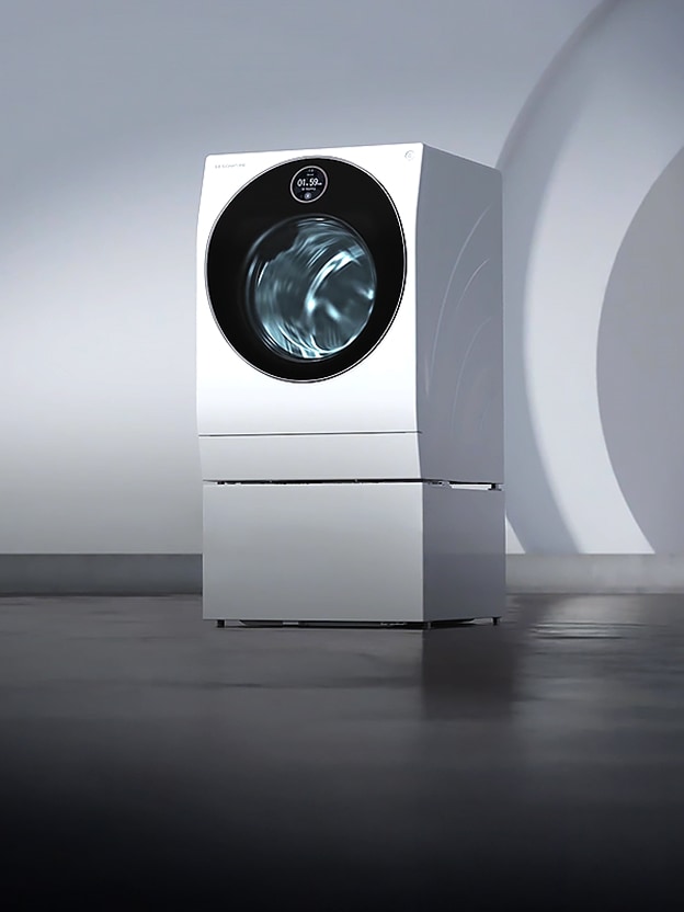 Een Lave-linge wordt getoond terwijl de Centum System™-technologie van LG wordt benadrukt, die lage trillingen en stille werking onderstreept.