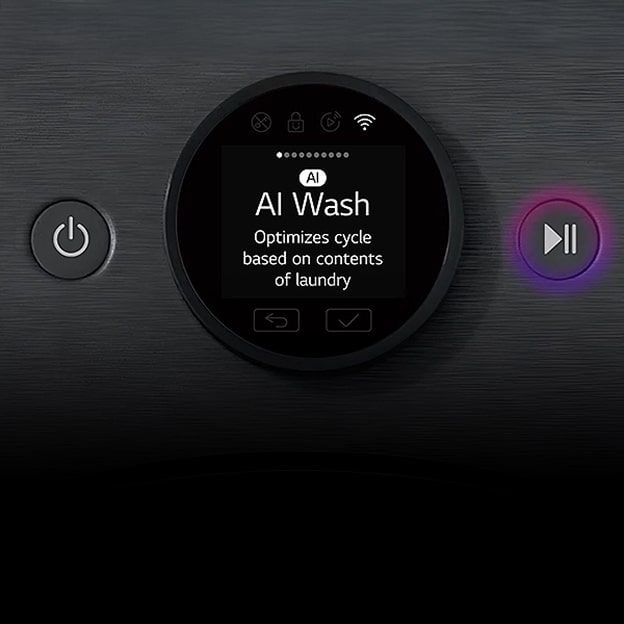 Een LG-Lave-linge is centraal gepositioneerd met een vooraanzicht, en de video zoomt in om de interne AI DD-technologie uit te leggen.