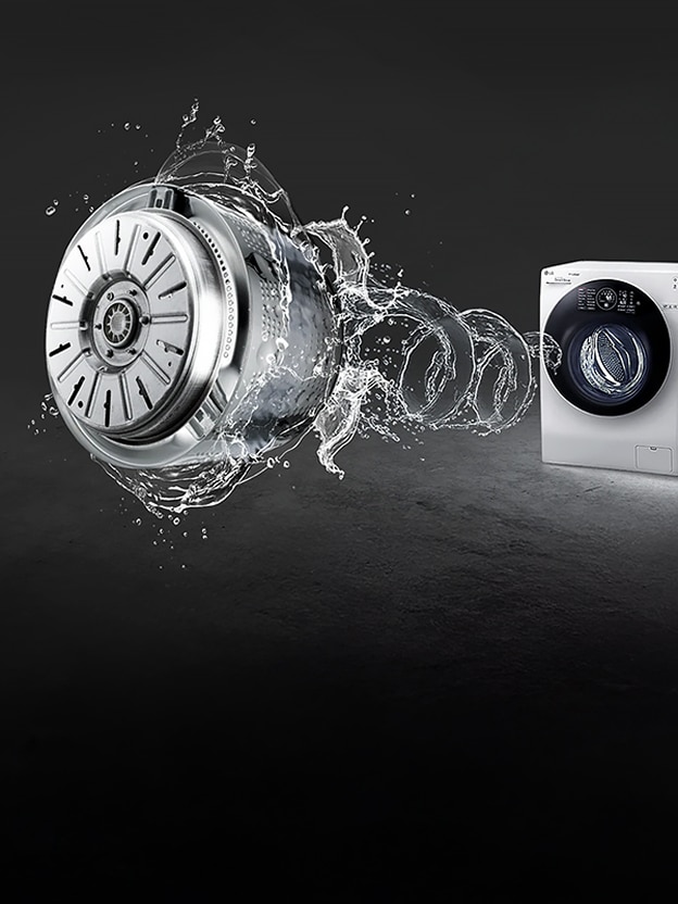 Een geëxplodeerd beeld van een LG-wastrommel met watereffecten, dat visueel de interne mechanismen en krachtige wasprestaties benadrukt.