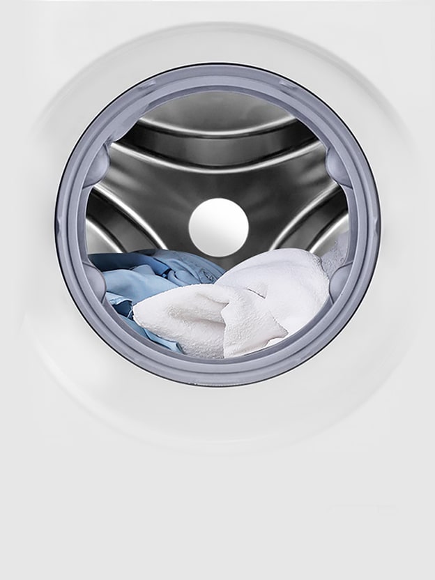 Twee weergaven van het interieur van de trommel. Links een volledig geladen Lave-linge met het label  "Washing", rechts een verminderde lading met het label "Drying", die het verschil in capaciteit illustreert.