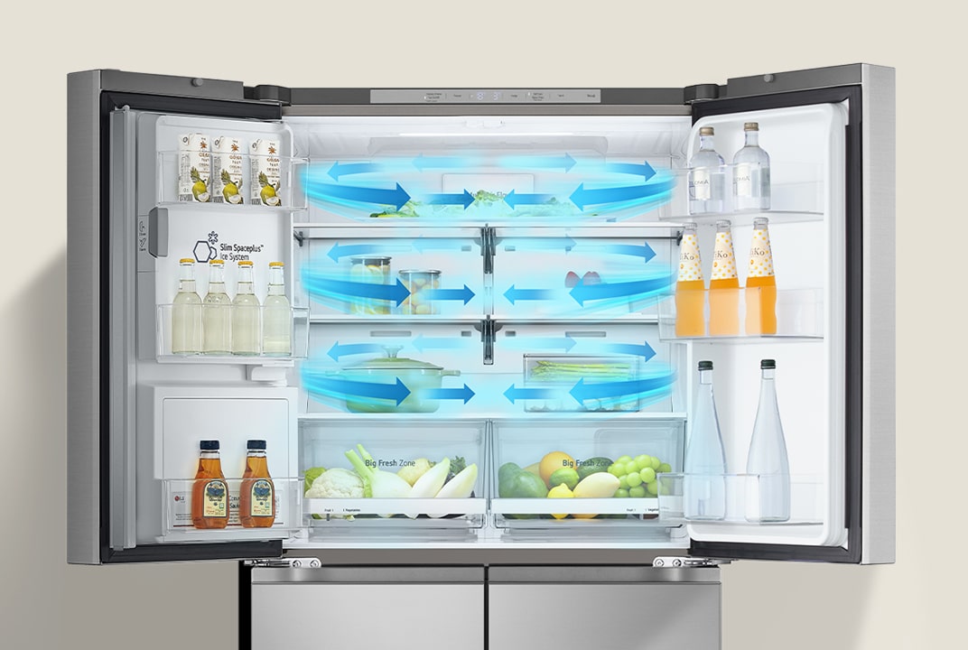 Open LG-koelkast met dranken, fruit en groenten erin, die de luchtstroomtechnologie toont om voedsel vers te houden.