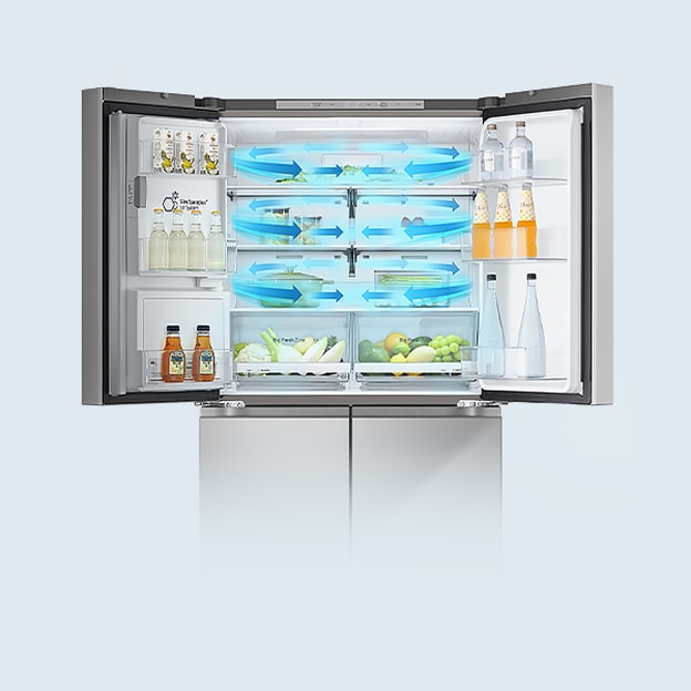 Open LG-koelkast met dranken, fruit en groenten erin, die de luchtstroomtechnologie toont om voedsel vers te houden.
