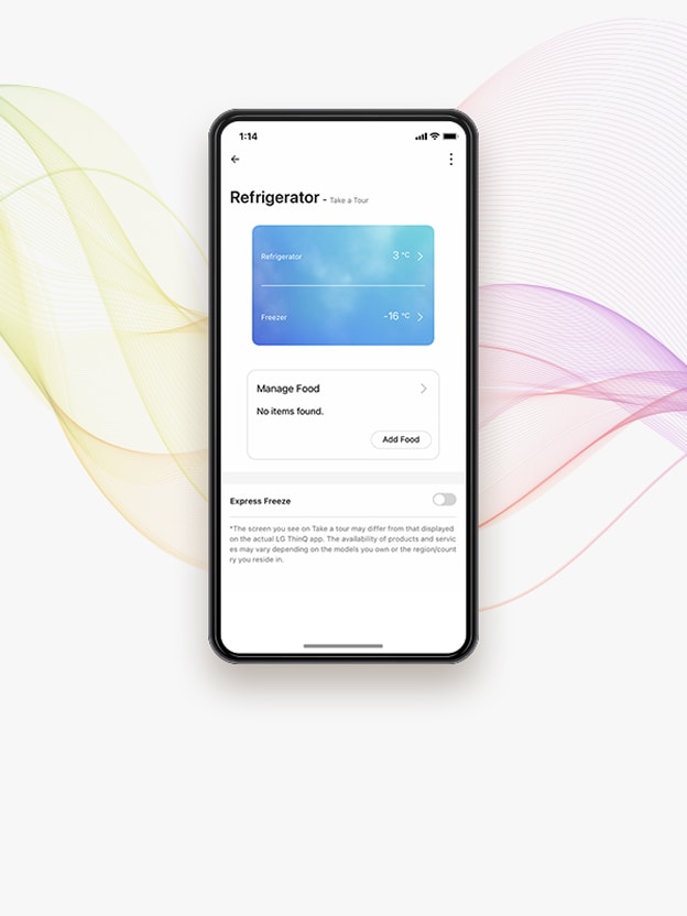 Réfrigérateur LG à côté d'une app affichant le contrôle de température illustre ThinQ pour la gestion à distance.