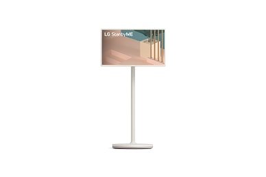 Vooraanzicht van de LG StanbyME TV met een verticaal scherm op een verrijdbare standaard.