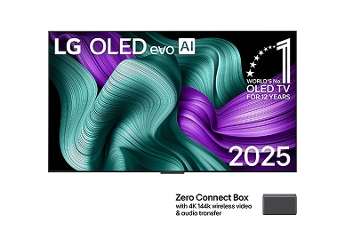 Vue de face du LG OLED M5 Signature TV. L’écran affiche l’emblème « 12 Years of World’s No.1 OLED » ainsi que le logo LG Signature OLED M. La Zero Connect Box est visible dans le coin avec le titre : Zero Connect Box avec transfert sans fil 4K 144Hz de la vidéo et de l’audio.