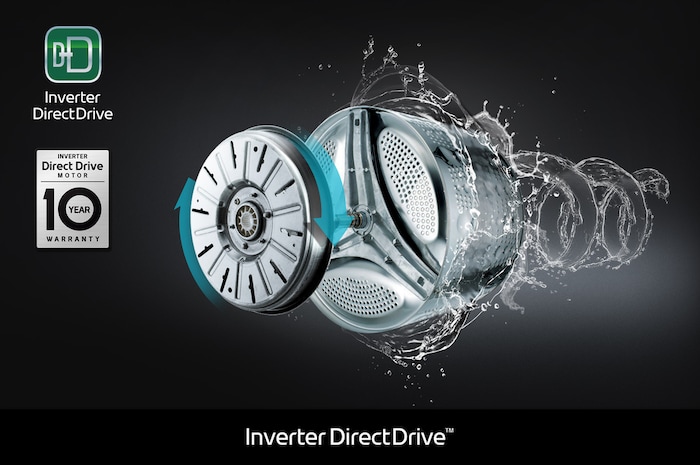 Close-up van de Inverter Direct Drive™-motor in de LG F4WR7011SYB wasmachine, met de nadruk op het duurzame ontwerp en 10 jaar garantie.