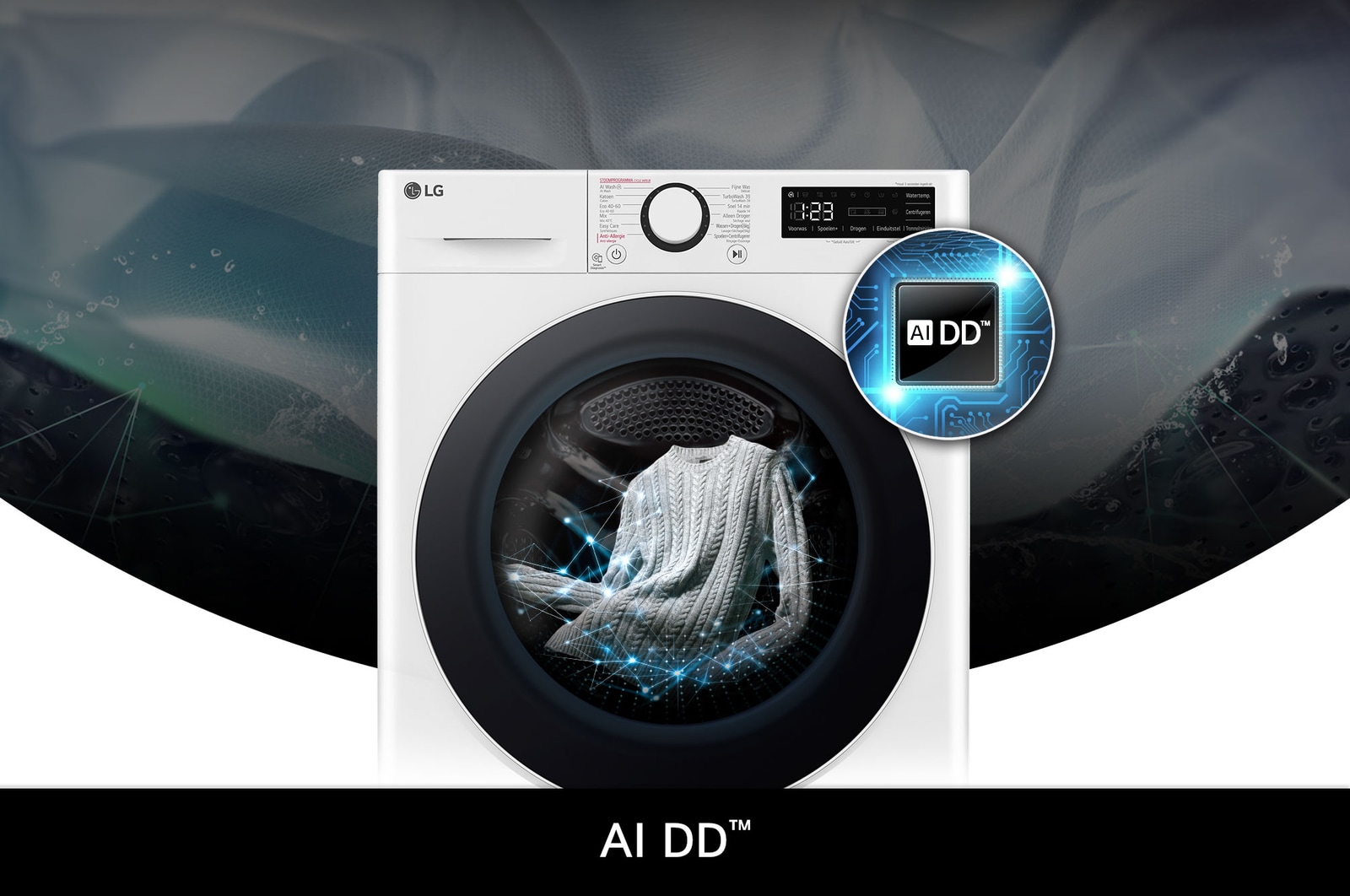 LG 9kg wasmachine GD3R509S0 in het wit, met AI DD®-technologie die op intelligente wijze de stof detecteert voor een optimale wasverzorging.