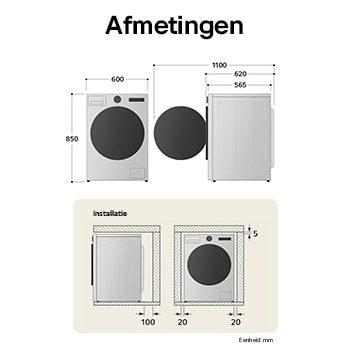 Technische tekening LG wasmachine: B 600, H 850, D 565 mm (deur open 1100 mm), incl. installatieruimte.