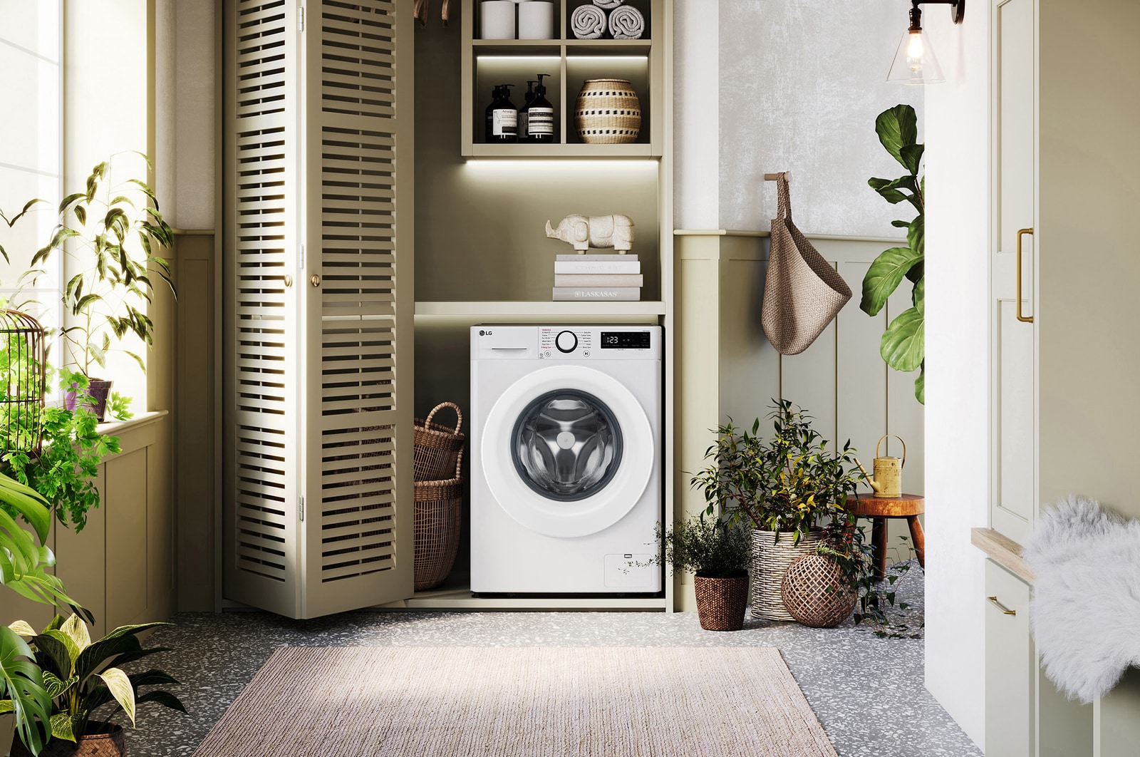 De witte LG 9kg wasmachine F4DR3096N3W met zijn strakke design, netjes geïnstalleerd onder het aanrecht van een moderne wasruimte.