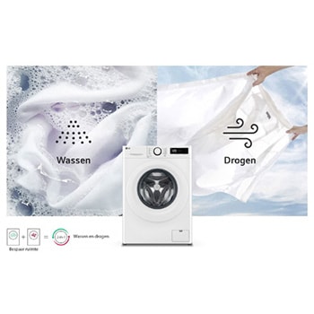 De witte LG was-droogcombinatie F4DR3096N3W, met 9kg was- en 6 kg droogcapaciteit, die de 2-in-1-functionaliteit illustreert.