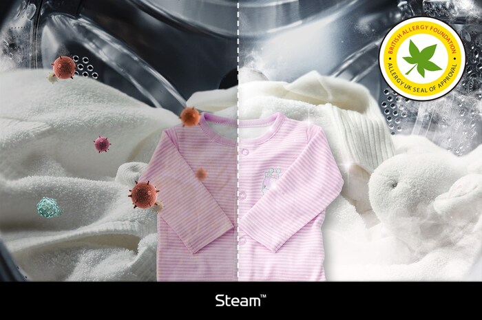 LG's Steam™-technologie in de F4DR9537S2W-wasmachine, die de werking op het verminderen van allergenen toont, gecertificeerd door de BAF.