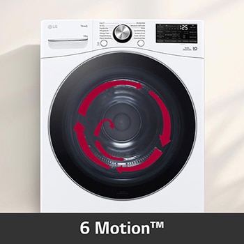 De witte LG 18 kg droger RH18U8AVCW, met 6 Motion™-technologie die verschillende trommelbewegingen gebruikt voor een zachte en effectieve textielverzorging.