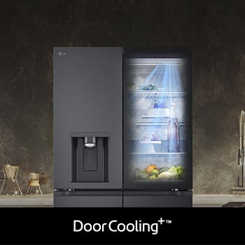 LG French Door Koelkast GMG960EVEE demonstreert **DoorCooling+™**: grafiek en visueel effect tonen snellere, gelijkmatigere koeling, vooral in het deurgedeelte.