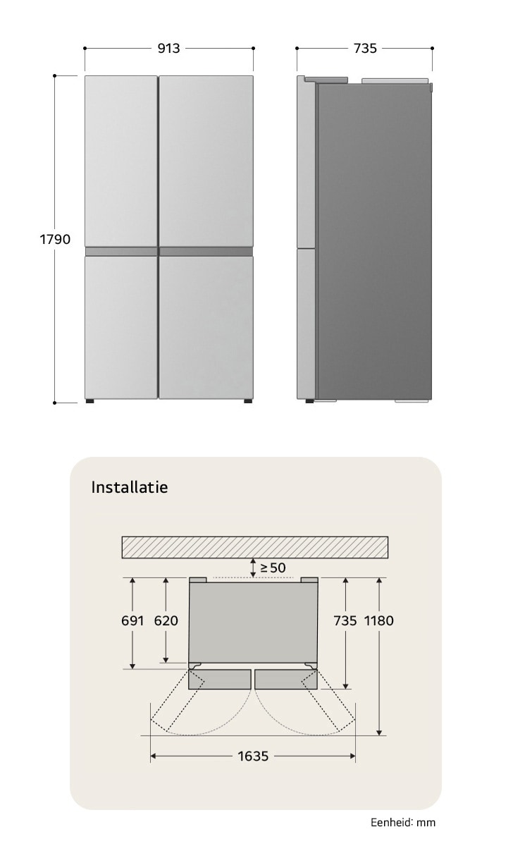 LG Side-by-Side Koelkast technische tekening: H 1790, B 913, D 735 mm, toont inbouwmaten en vereiste $\ge$50 mm wandafstand.