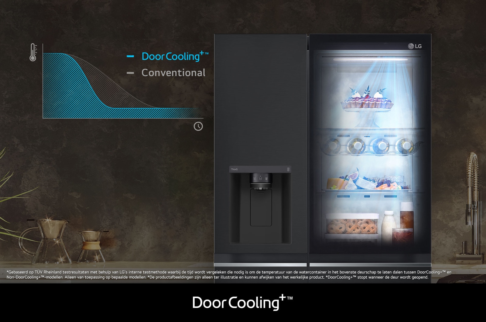 LG InstaView Side-by-Side Koelkast GSGV80EPLD demonstreert **DoorCooling+™**: grafiek en visueel effect tonen snellere, gelijkmatigere koeling, vooral in het deurgedeelte.