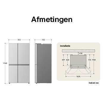 LG Side-by-Side Koelkast technische tekening: H 1790, B 913, D 735 mm, toont inbouwmaten en vereiste $\ge$50 mm wandafstand.