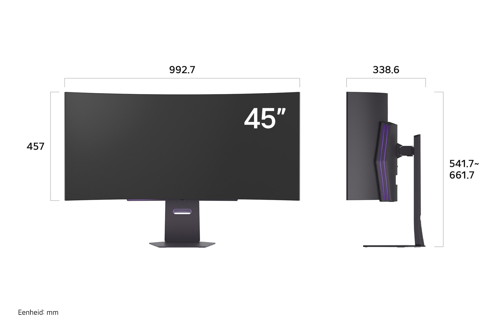 LG Monitor 45GX900A-B in een donkere uitvoering toont productafmetingen van het 45-inch gebogen scherm, met een meting van 992.7 mm breedte, 457 mm displayhoogte, 541.7~661.7 mm totale hoogte en 338.6 mm diepte.