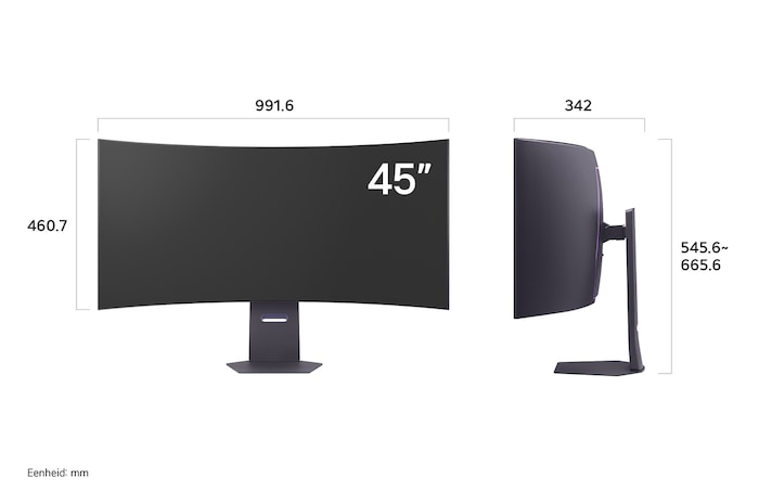LG Monitor 45GX950A in een donkere uitvoering toont productafmetingen van het 45-inch gebogen scherm, met een meting van 991.6 mm breedte, 460.7 mm displayhoogte, 545.6~665.5 mm totale hoogte en 342 mm diepte.
