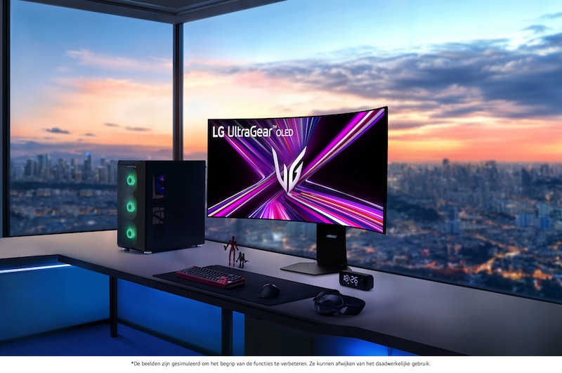 LG Monitor 45GX950A als LG UltraGear OLED staat centraal op een premium gaming-bureau met uitzicht op de stad, en biedt ultieme gaming-onderdompeling met zijn UltraWide-scherm.