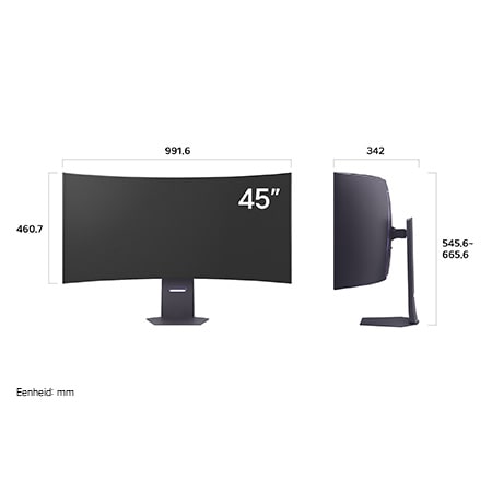 LG Monitor 45GX950A in een donkere uitvoering toont productafmetingen van het 45-inch gebogen scherm, met een meting van 991.6 mm breedte, 460.7 mm displayhoogte, 545.6~665.5 mm totale hoogte en 342 mm diepte.
