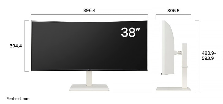 LG UltraWide Monitor 38WR85QC in witte afwerking toont productafmetingen, met een meting van 896,4 mm breedte, 394,4 mm displayhoogte, 483,9 mm tot 593,9 mm totale hoogte en 306,8 mm diepte.