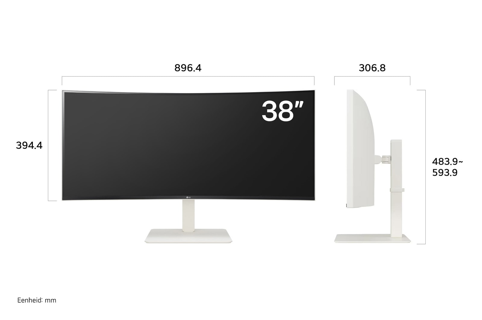 LG UltraWide Monitor 38WR85QC in witte afwerking toont productafmetingen, met een meting van 896,4 mm breedte, 306,8 mm displayhoogte, 483,9 mm tot 593,9 mm totale hoogte en 394,4 mm diepte.