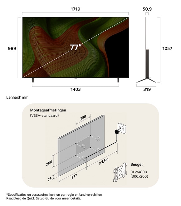 Afmetingsweergave van LG OLED AI B5 4K 77-inch, 1719×1057×319 mm, panel 50.9 mm, VESA 300x200.