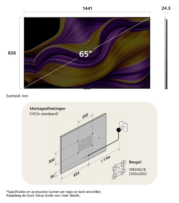 Afmetingsweergave van LG OLED evo AI G5 4K 65-inch, 1441×910×263 mm, panel 24.3 mm, VESA 300x300, lowest position 865 mm.