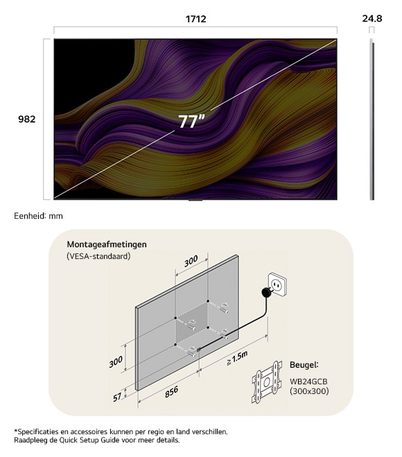 Afmetingsweergave van LG OLED evo AI G5 4K 77-inch, panel 24.8 mm, VESA 300x300.                                   