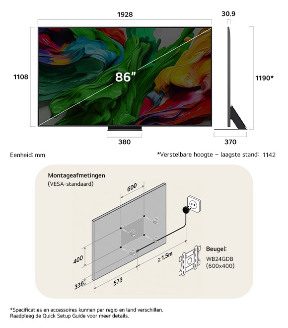 Afmetingsweergave van LG QNED MiniLED AI QNED86 4K 86-inch, 1928×1190×370 mm, panel 30.9 mm, VESA 600x400, lowest position 1.