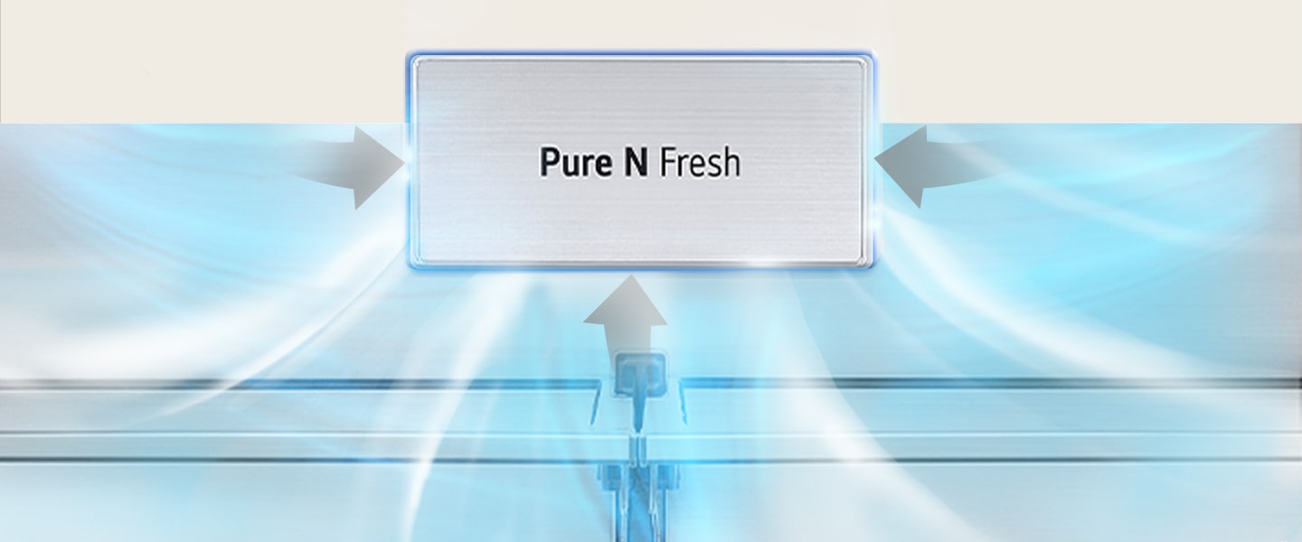 Pure N Fresh est mis en valeur et une flèche grise, signifiant une odeur infecte, est aspirée dans le Pure N Fresh et de l’air frais pur en ressort.