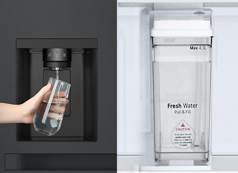 Une scène montrant de l’eau provenant du réservoir et de l’eau provenant du distributeur est affichée en deux parties.