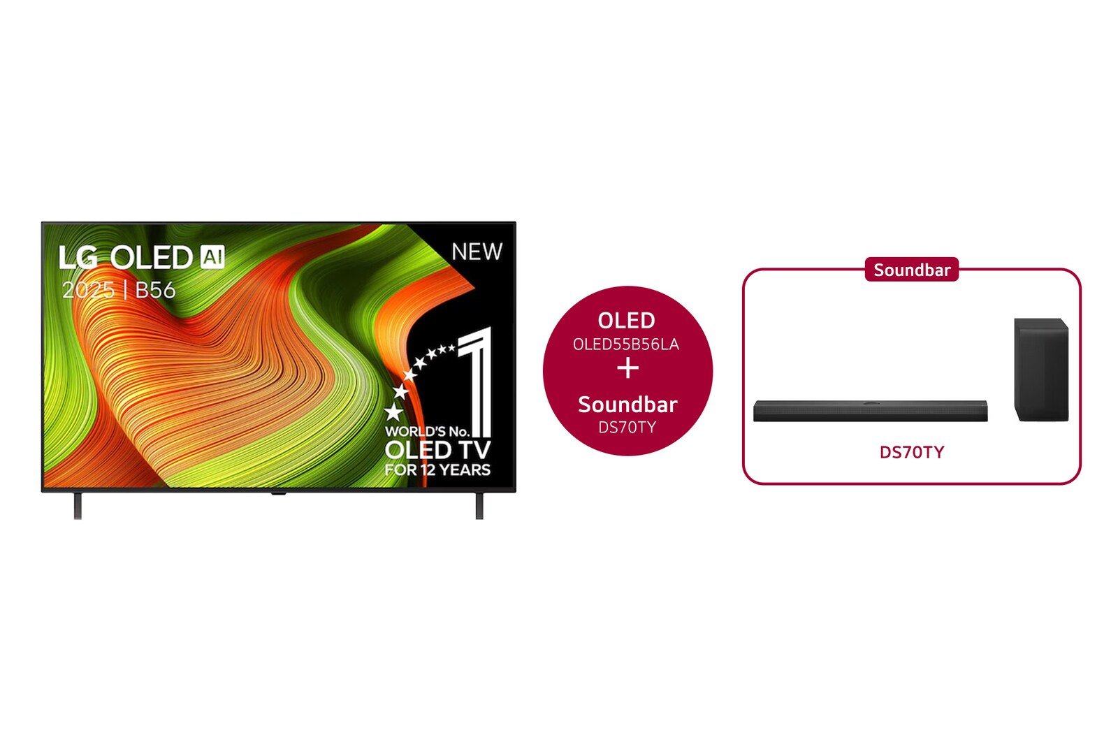 Vue avant de 55 inch LG OLED AI B5 4K Smart TV 2025 & Barre de son DS70TY OLED55B56LA.DS70TY