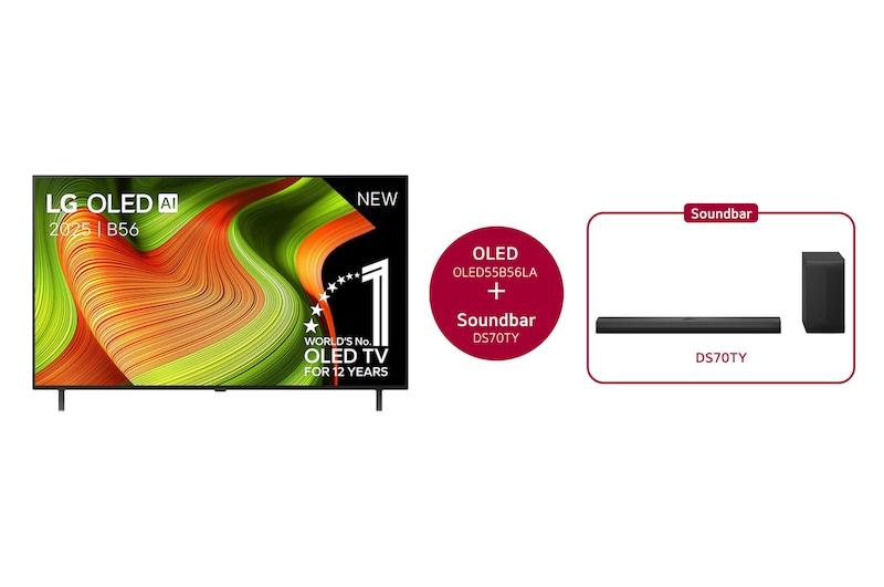 Vue avant de 55 inch LG OLED AI B5 4K Smart TV 2025 & Barre de son DS70TY OLED55B56LA.DS70TY