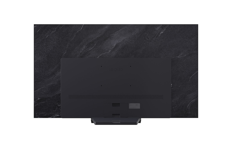 Vooraanzicht en zijaanzicht van LG OLED evo AI C5 4K Smart TV met de lengte-, breedte-, hoogte- en diepteafmetingen.
