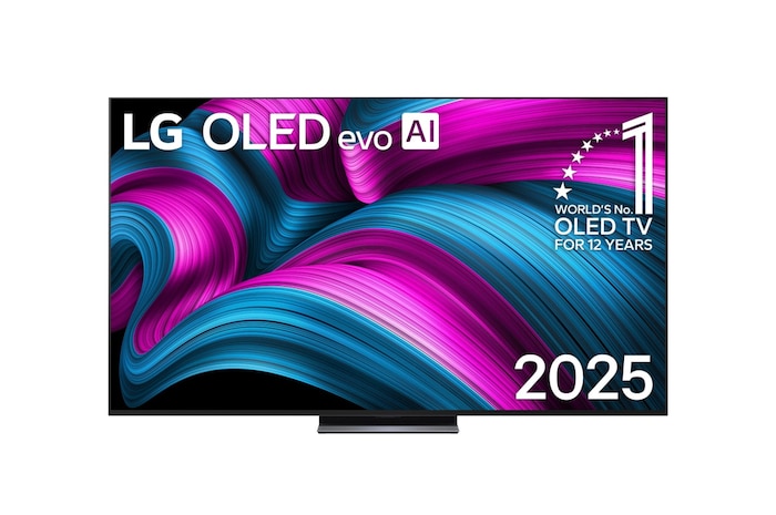 Vooraanzicht van LG OLED evo AI C5 4K Smart TV. 12 jaar nummer 1 OLED-embleem ter wereld en het LG OLED evo AI 2025-logo staan op het scherm.