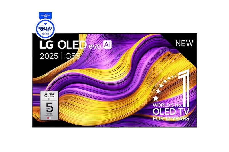 Vue avant de Smart TV LG OLED evo AI 4K G5 2025 65 pouces OLED65G55LW