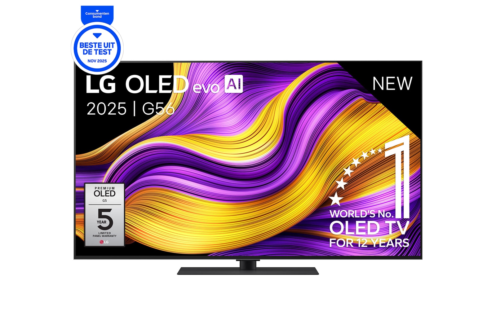 Vue avant de Smart TV LG OLED evo AI 4K G5 2025 65 pouces OLED65G56LS