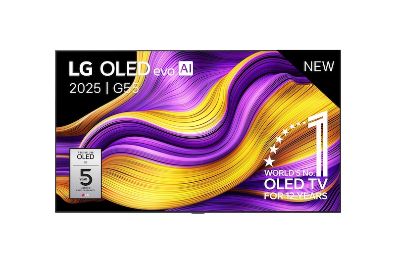 Vooraanzicht van LG OLED evo AI G5 4K Smart TV. 12 jaar nummer 1 OLED-embleem ter wereld en het LG OLED evo AI 2025-logo staan op het scherm.