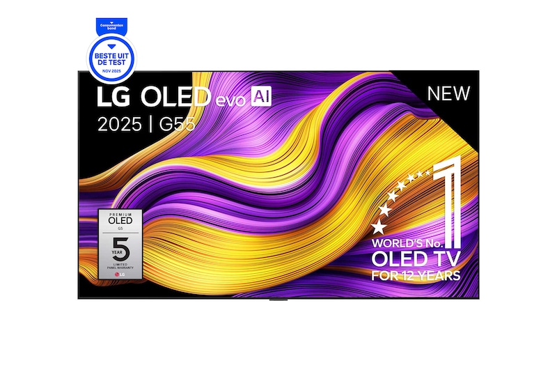 Vue avant de Smart TV LG OLED evo AI 4K G5 2025 77 pouces OLED77G55LW