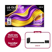 Vue avant de 77 inch LG OLED evo AI G5 4K Smart TV 2025 & Barre de son DS95TR OLED77G55LW.DS95TR