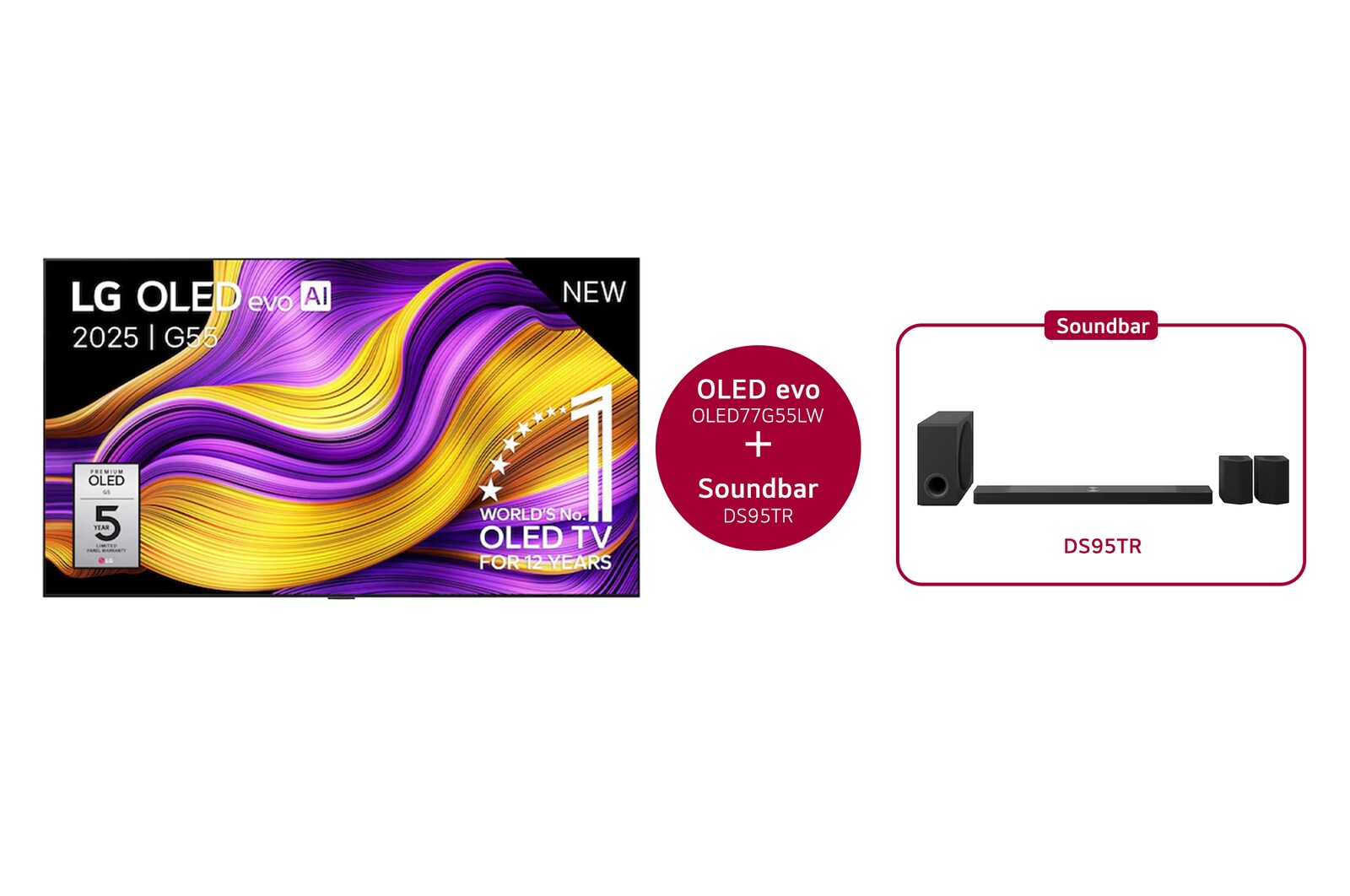 Vue avant de 77 inch LG OLED evo AI G5 4K Smart TV 2025 & Barre de son DS95TR OLED77G55LW.DS95TR