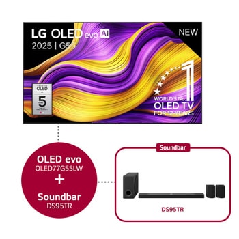 Vooraanzicht van LG OLED evo AI G5 4K Smart TV. 12 jaar nummer 1 OLED-embleem ter wereld en het LG OLED evo AI 2025-logo staan op het scherm.