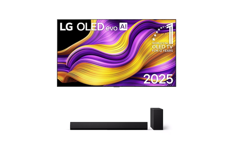 Vue avant de Smart TV LG OLED evo AI 4K G5 2025 77 pouces & DSG10TY 3.1 canaux OLED77G55LW.DSG10TY
