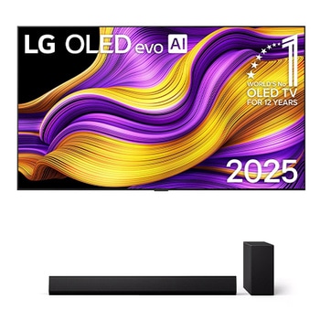 Vooraanzicht van LG OLED evo AI G5 4K Smart TV. 12 jaar nummer 1 OLED-embleem ter wereld en het LG OLED evo AI 2025-logo staan op het scherm.