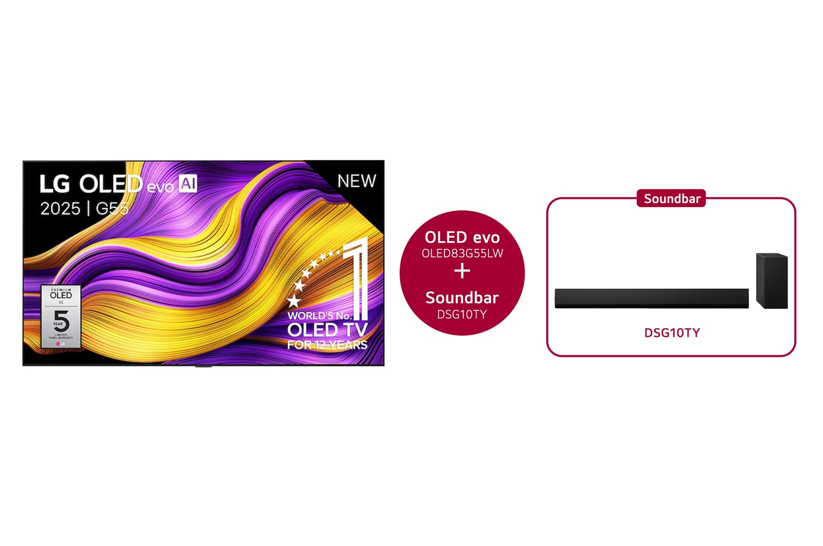 Vue avant de Smart TV LG OLED evo AI 4K G5 2025 83 pouces & DSG10TY 3.1 canaux OLED83G55LW.DSG10TY